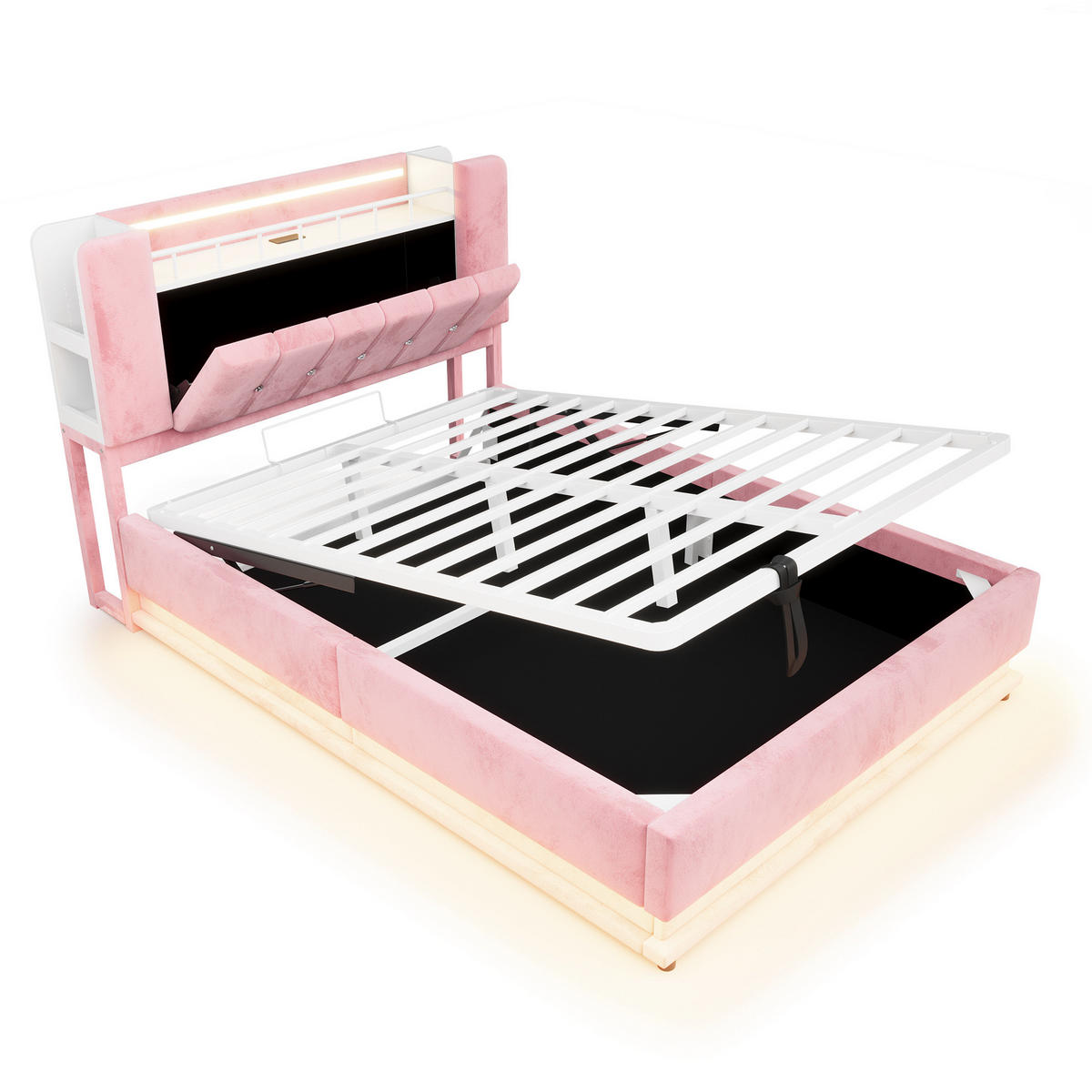 POLSTERBETT mit Samtbezug 140x200 cm Rosa mit LED-Beleuchtung, USB-Anschlüssen und Stauraum - Pink, Textil (140/200cm) - Modfu