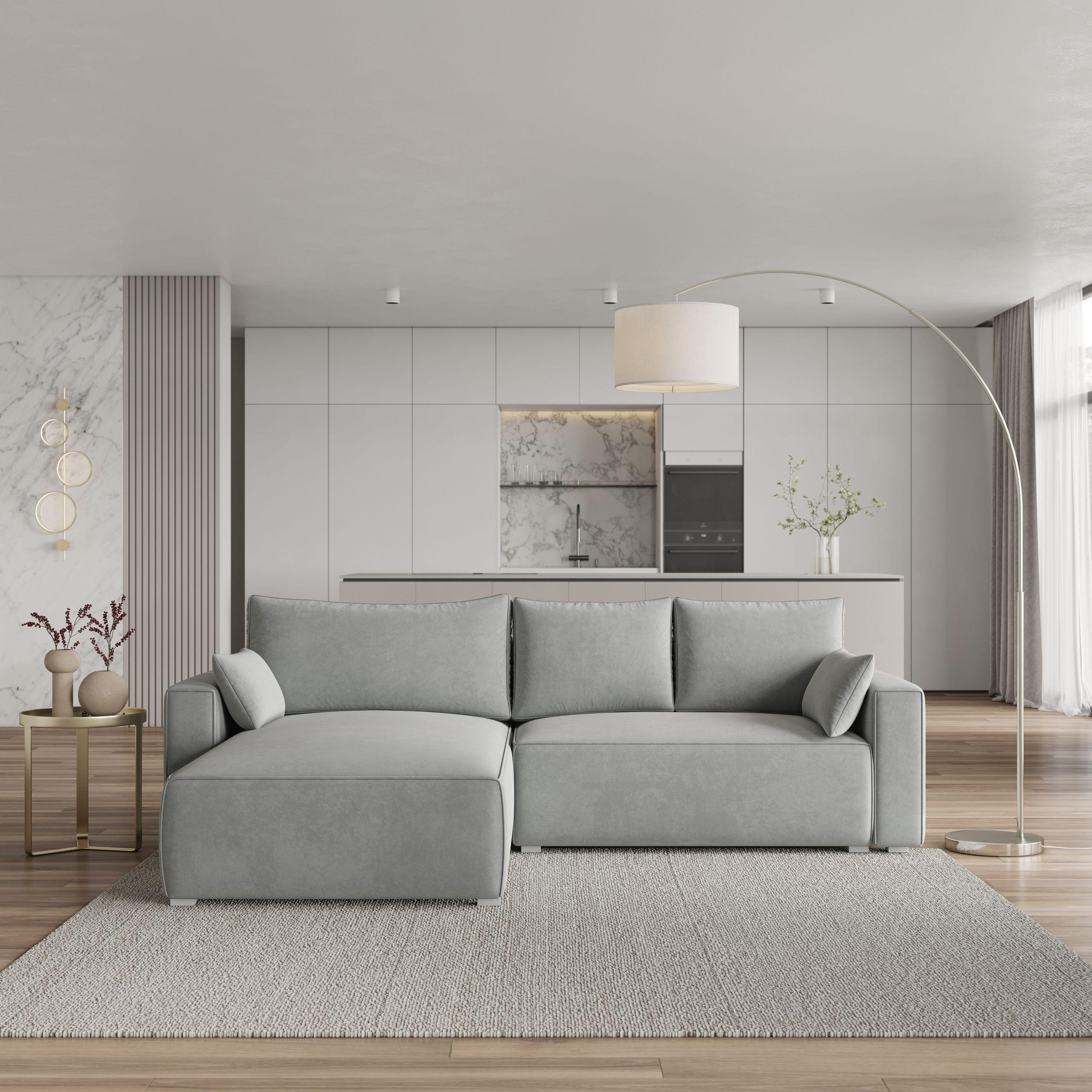 ECKSOFA FORIL Hellgrau Velours-Stoff mit Schlaffunktion - Hellgrau, Holz (265/178cm) - MASSENO