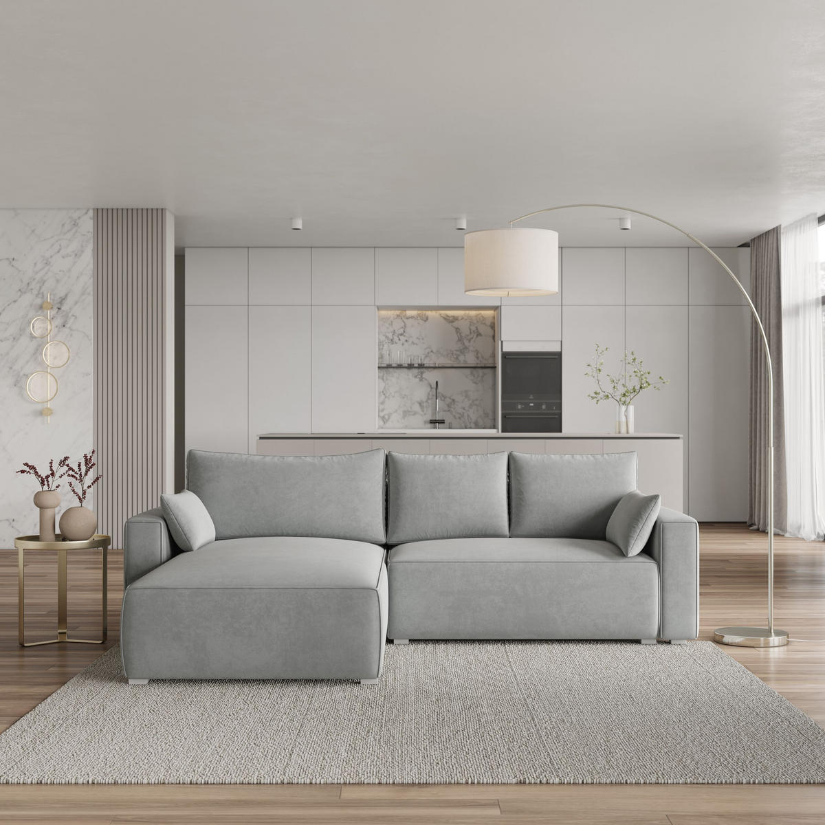 ECKSOFA FORIL Hellgrau Velours-Stoff mit Schlaffunktion - Hellgrau, Holz (265/178cm) - MASSENO