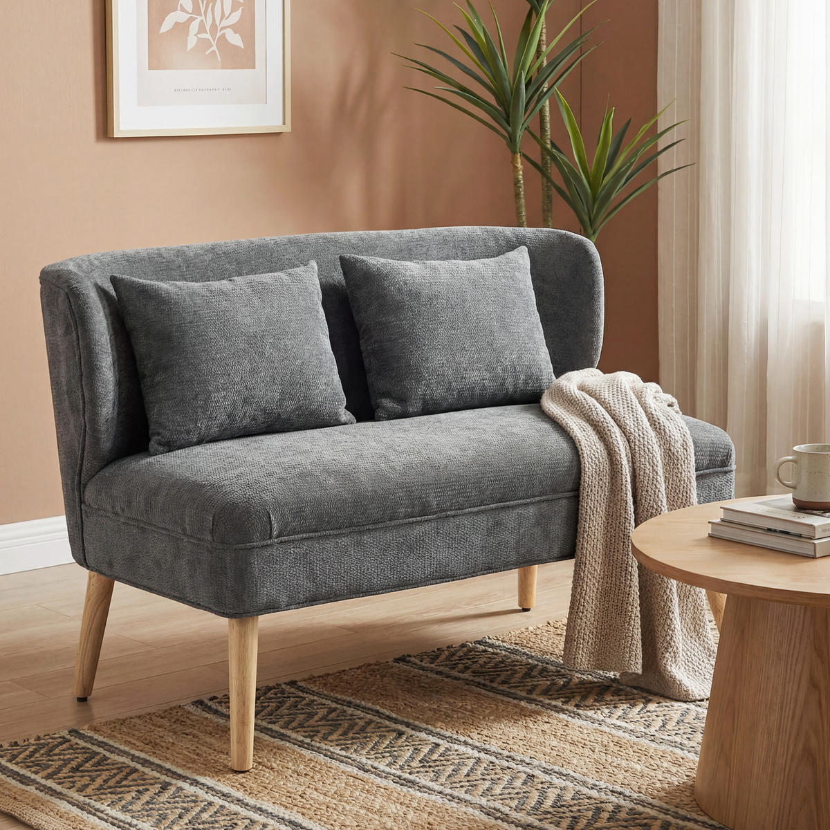 2-SITZER-SOFA Polyester Grau - Beige/Naturfarben, Holz/Holzwerkstoff (65/78.5/117cm) - HOMCOM