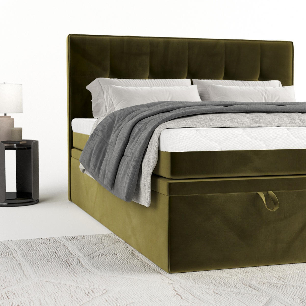 BOXBETT Arivo 160/200 cm Olivgrün im Kronos Stoff - Schwarz/Olivgrün, Holz/Holzwerkstoff (160/200cm) - AltaBeds