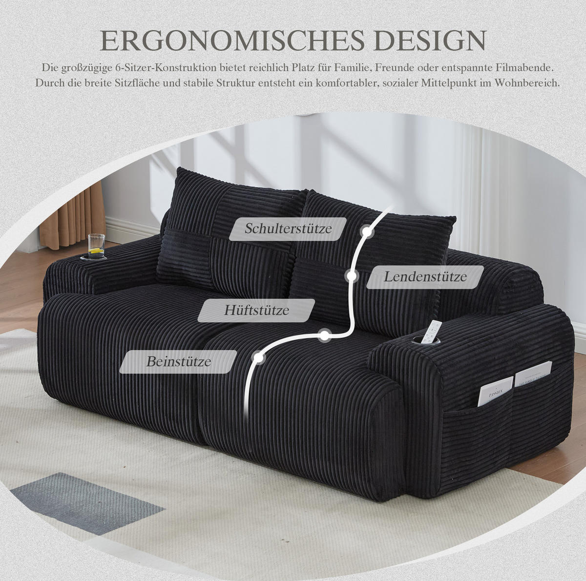 MODULÁRNÍ sofa 200/99/80 cm černá z manšestru s držákem nápojů a boční kapsou - černá, textil (99/80/200cm) - OKWISH