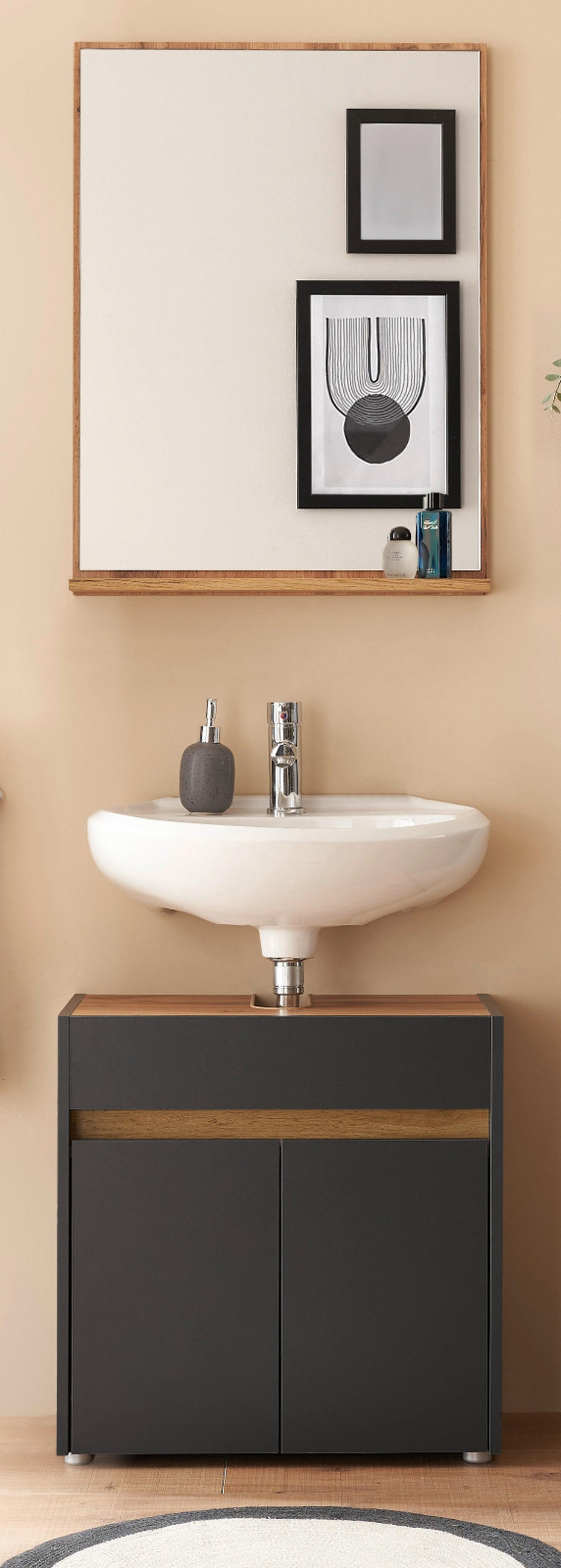 BADMÖBEL-SET 2-teilig grau matt, Wotan Eiche, Badkombination 60 cm - Eiche Wotan/Schwarz, Glas/Holzwerkstoff (61/200/34cm) - Furn.Design