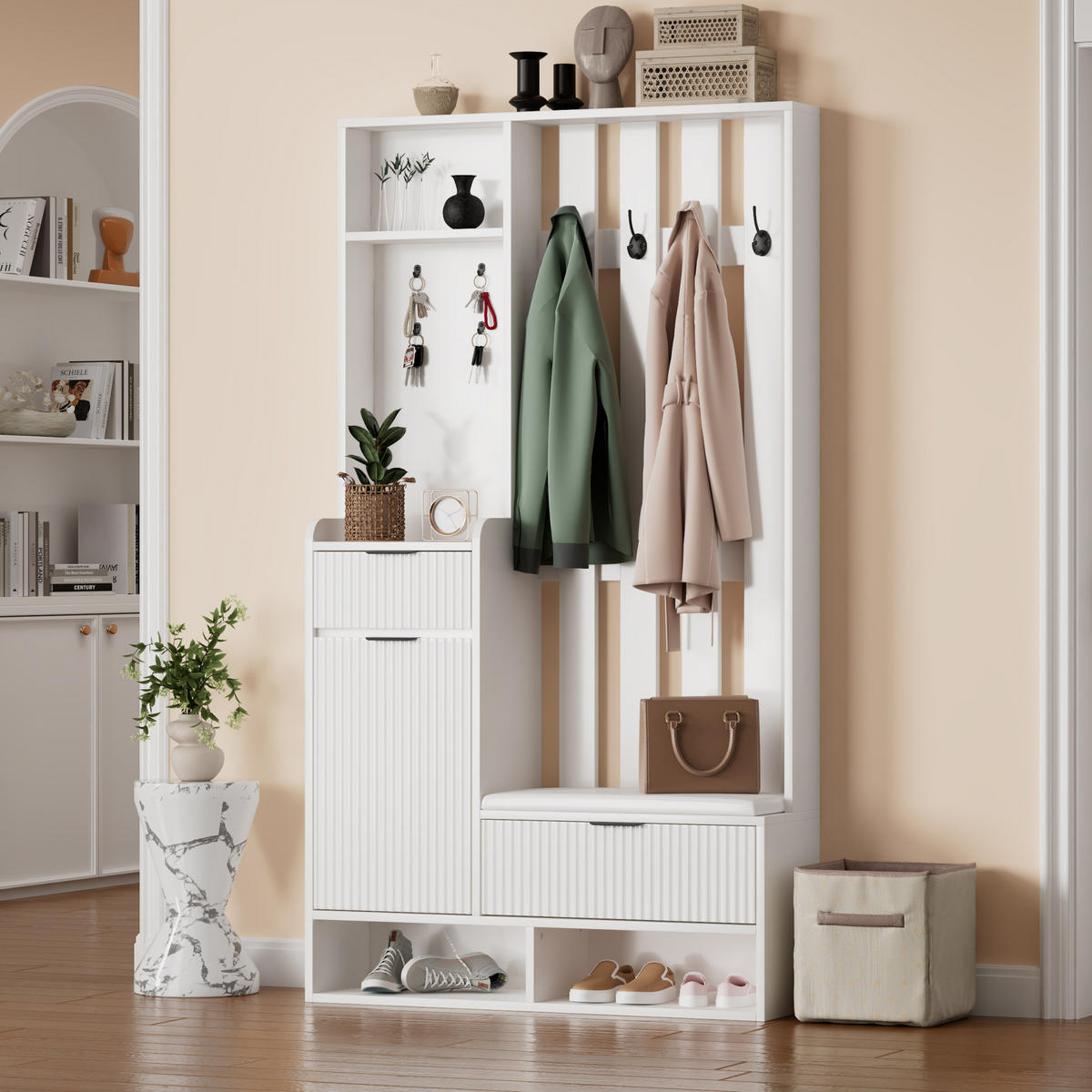 DIELENGARDEROBE 100/30/180 cm mit 8 Haken, Sitzbank und Schuhablage in Weiß - Weiß, Holzwerkstoff (100/180/30cm) - BEAOK
