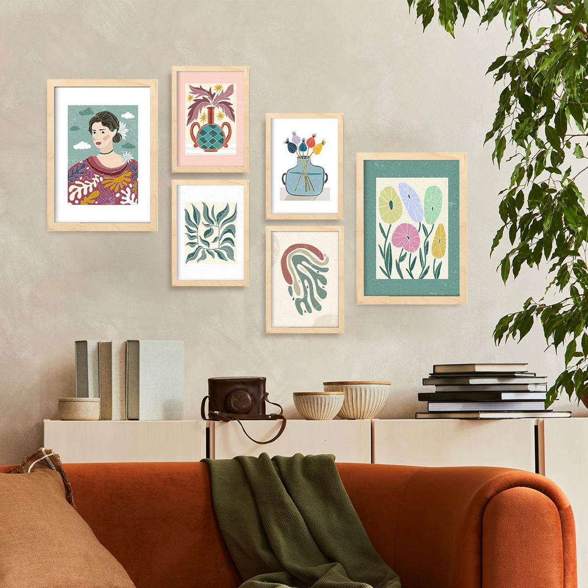 POSTER Set Mit 6 Drucken Blüten In Der Sammlung Von Ethnischenen Ästhetische Dekorative Für Zuhause Wandkunstdruck A3 & A4 Rahmen Aus Hellem Holz - Beige, Papier (29/3cm) - Nacnic