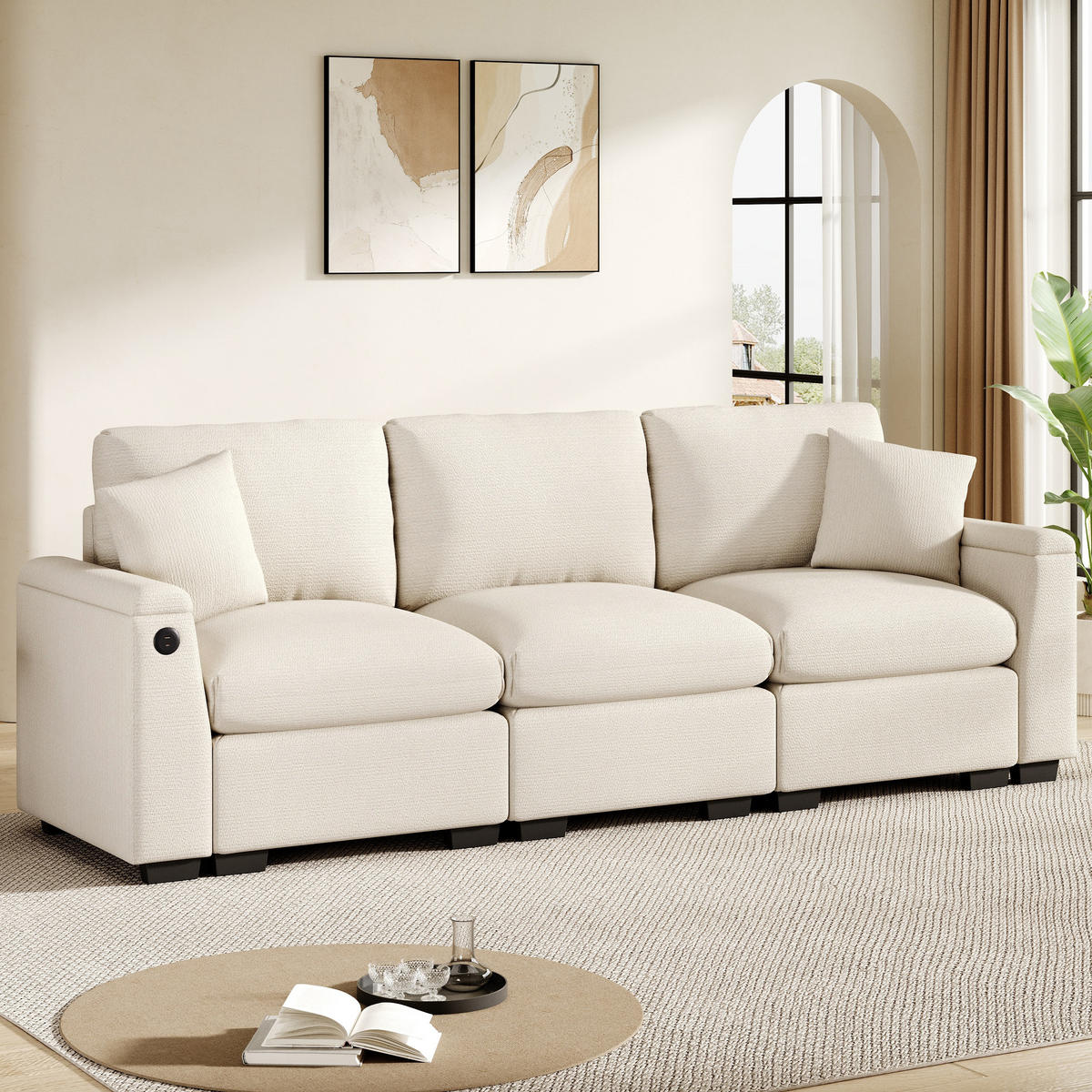 3-SITZER Sofa Chenille mit Klapptisch USB-Anschluss und Stauraum 242/80/88 cm Beige - Beige, Kunststoff/Textil (80/88/242cm) - Redom