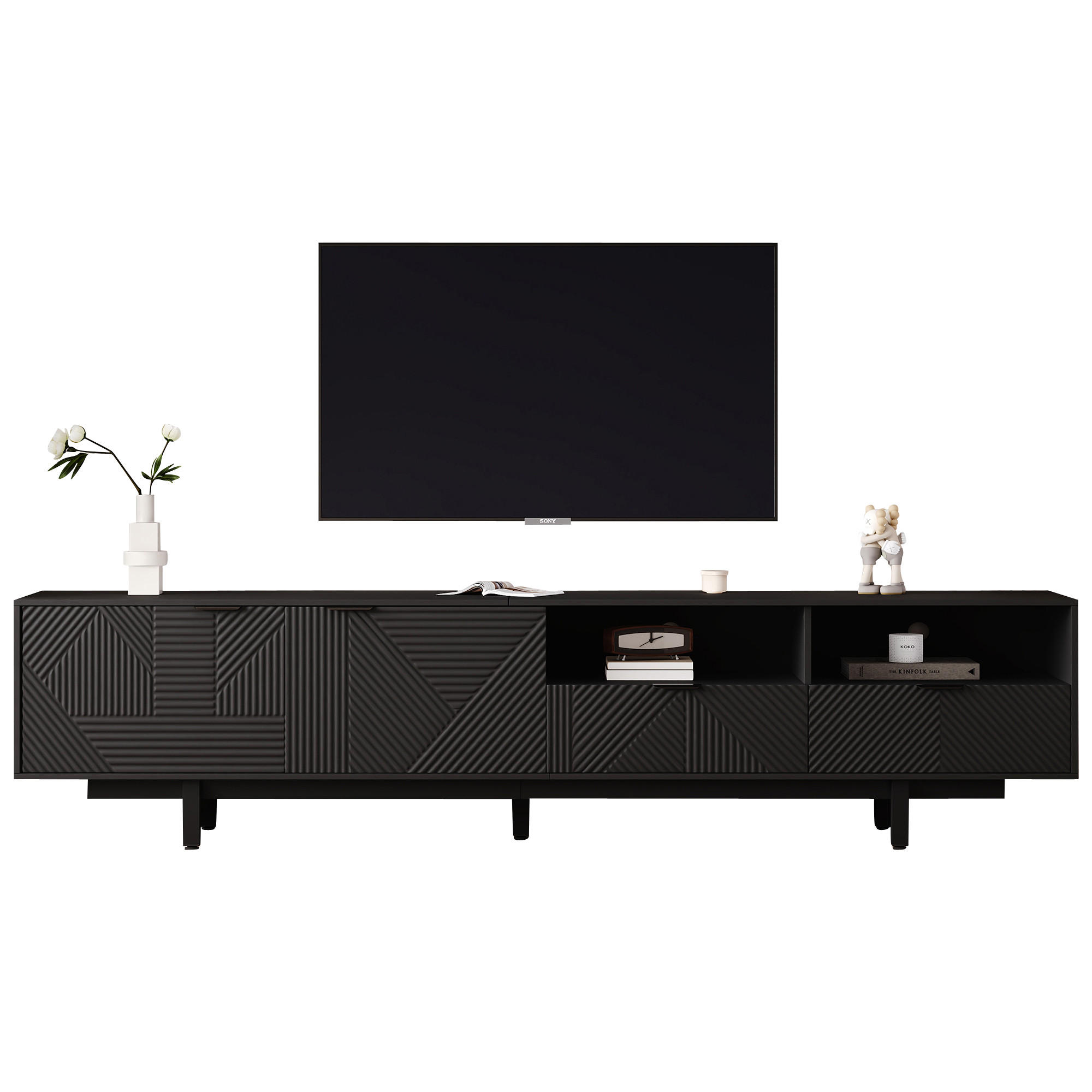 TV-LOWBOARD Linienmuster Schwarz 200/40/51 cm - Schwarz, Holz (200/51/40cm) - PANGIVO