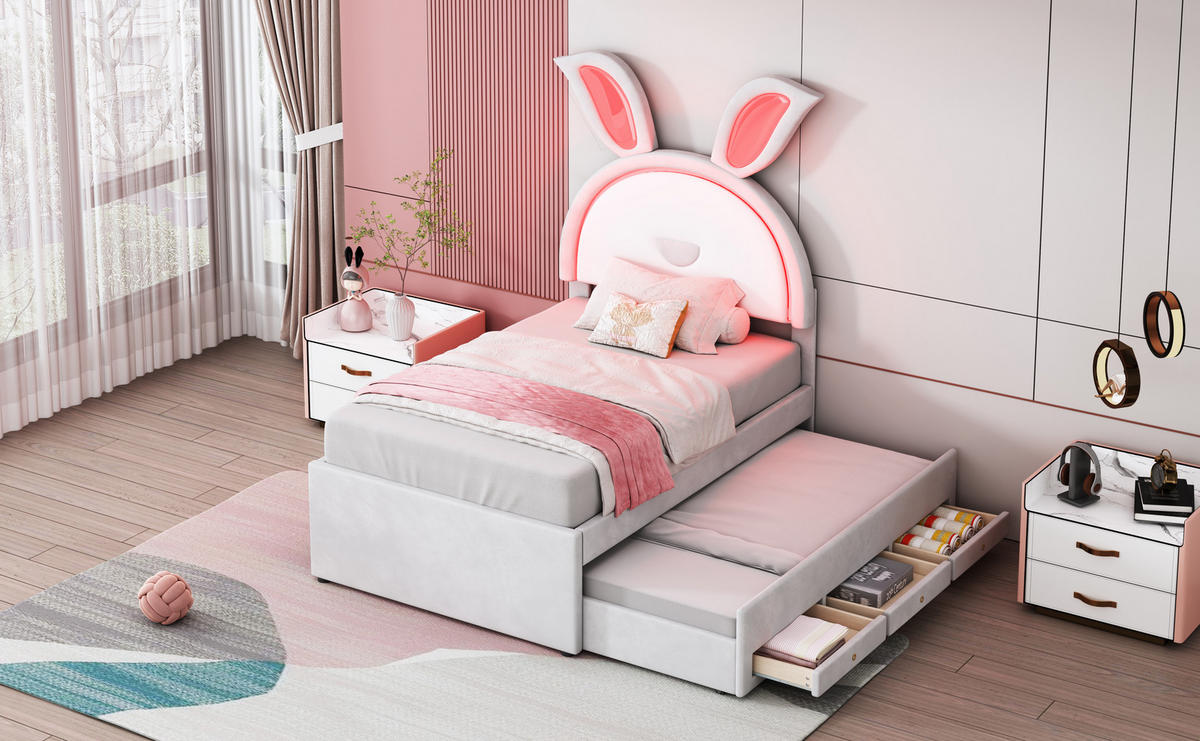 KINDERBETT 90x200 cm LED Rollbett beige - Beige, Textil (90/200cm) - LEBENLANG