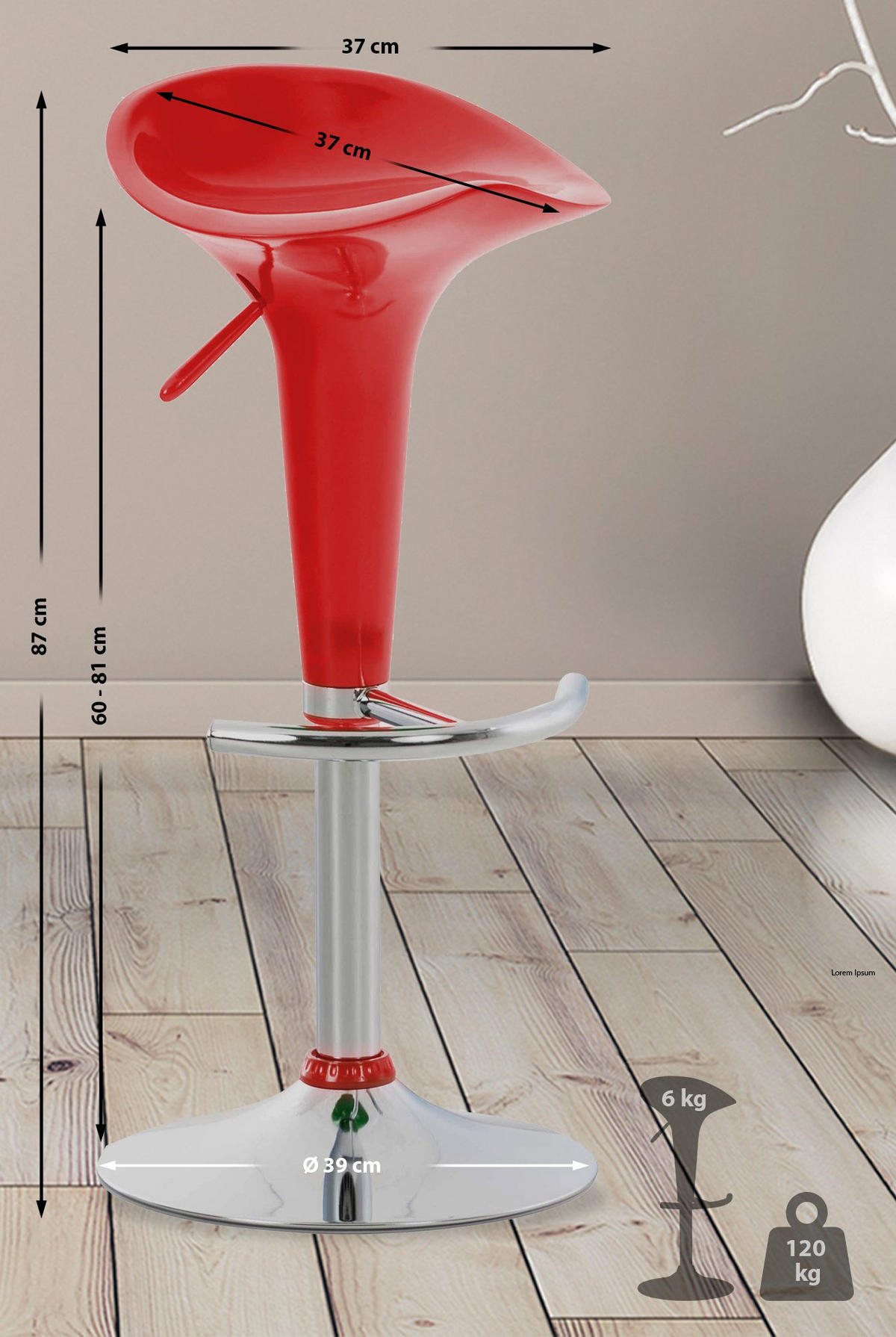 BARHOCKER Kunststoff Rot - Chromfarben/Rot, Kunststoff/Metall (37/87/37cm) - CLP