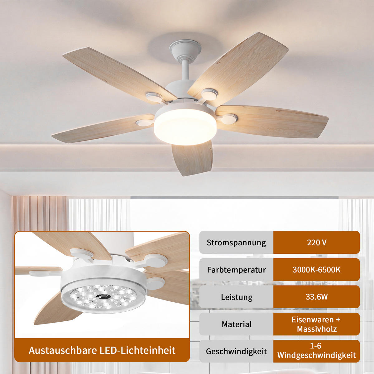 DECKENVENTILATOR mit LED-Licht, 106,6 cm, 5 Holzflügel, 6 Stufen & Timer - Naturfarben, Metall (106.6/106.6/39cm) - EuroLiving