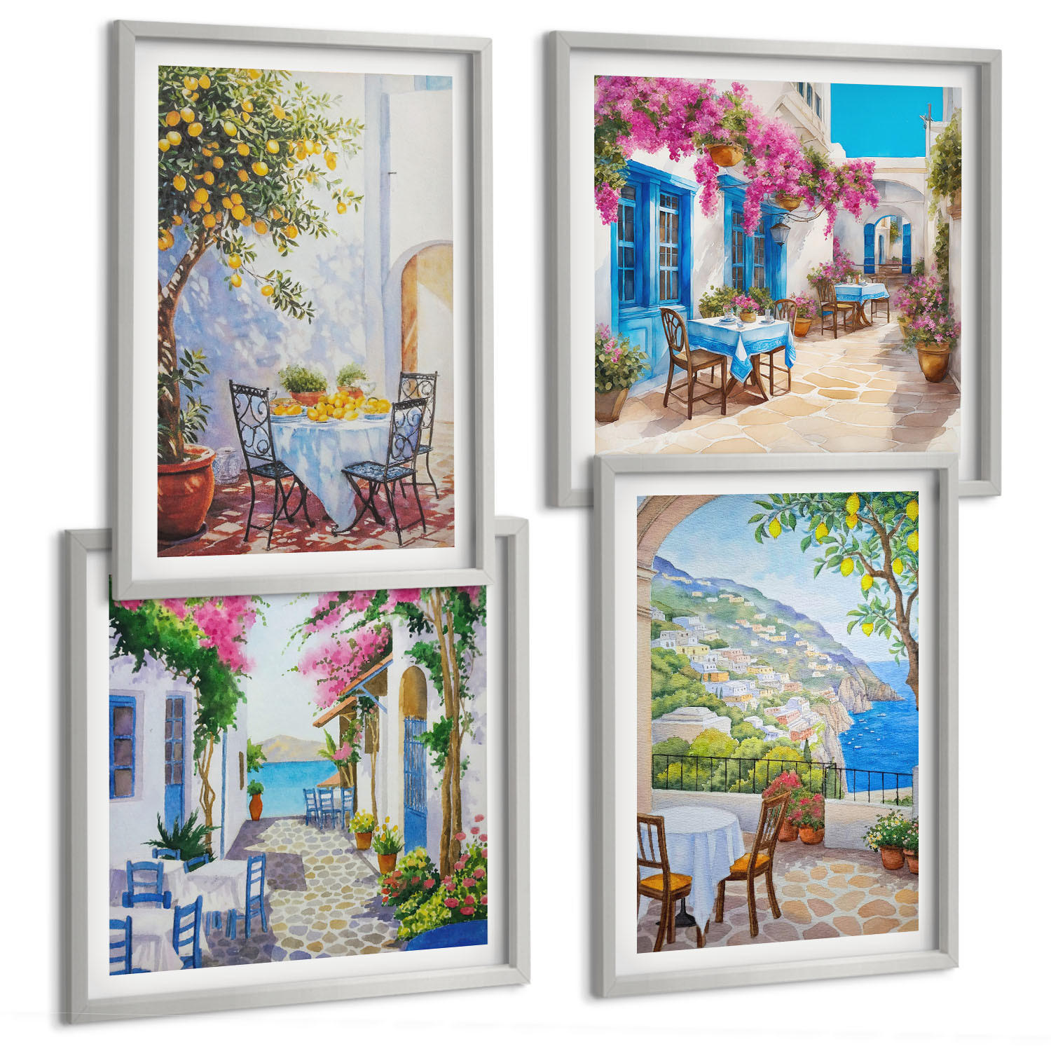 BILDER SET 4er Set - 50x50 cm & 40x60 cm Silberner Rahmen - Charmante Straßen mit Pflanzen - Silberfarben, Kunststoff (50/50cm) - TULUP