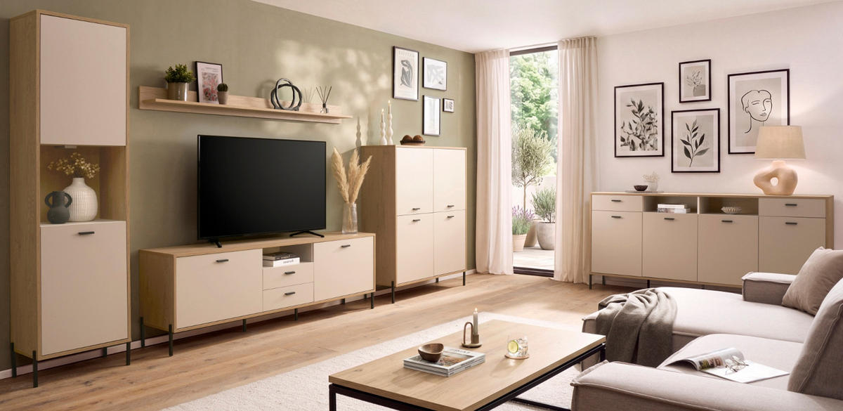 TV-LOWBOARD Kaschmir, Eiche 195 x 64 cm, TV Unterteil mit Soft-Close, Komforthöhe - Kaschmir/Eichefarben, Holzwerkstoff/Metall (195/64/40cm) - Furn.Design