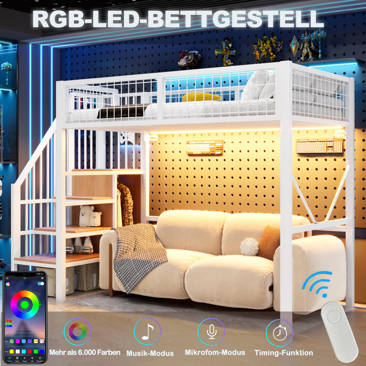 HOCHBETT aus Metall und Holz 90x200 cm Weiß mit Stauraumleiter und LED-Beleuchtung - Weiß, Metall (90/200cm) - Modfu