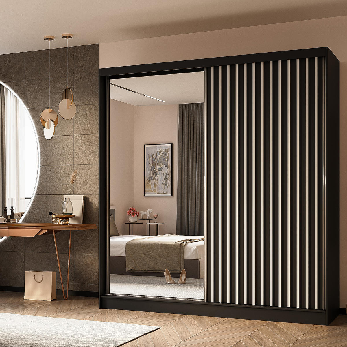 SCHWEBETÜRENSCHRANK LAMELLO 200/216/61 cm 2-türig mit Spiegel Schwarz - Schwarz, Holzwerkstoff (200/216/61cm) - MASSENO