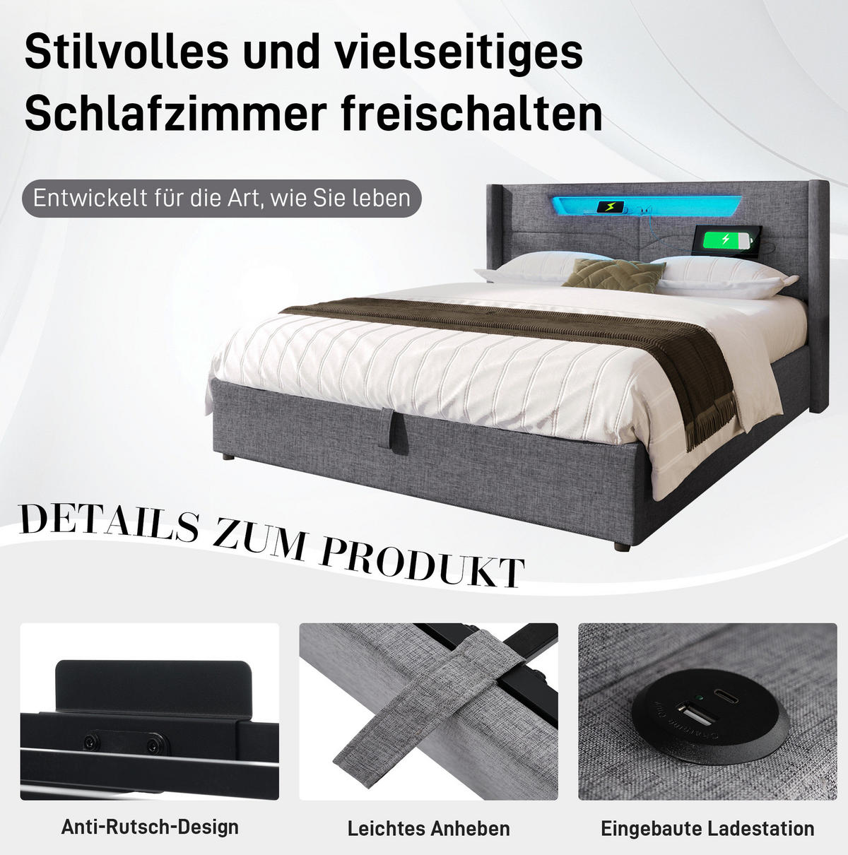 POLSTERBETT 160/200 cm grau aus Leinen mit LED, USB-C und Stauraum - Grau, Textil (160/200cm) - OKWISH