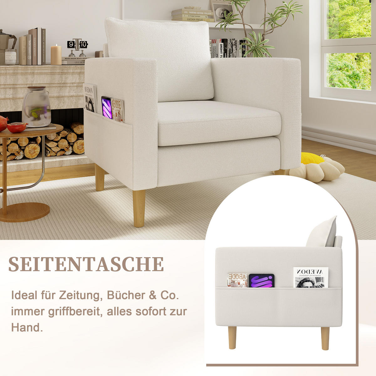 SESSEL Chenille Beige mit Seitentasche - Beige, Holz/Holzwerkstoff (71/82/68cm) - WISHDOR