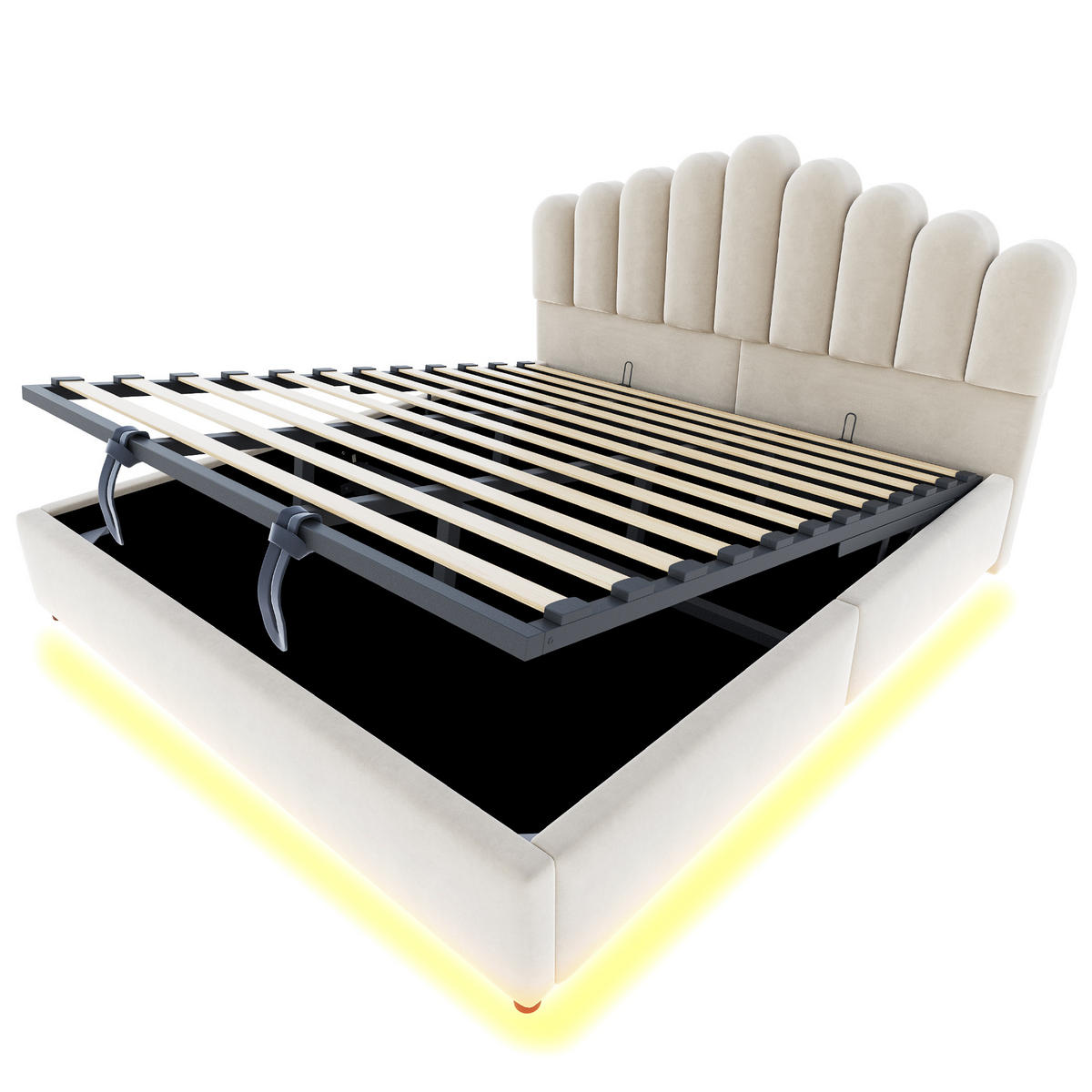 POLSTERBETT 180/200 cm in Beige mit Bettkasten, LED und Lattenrost aus Samt - Beige, Holzwerkstoff/Textil (180/200cm) - STILVORA