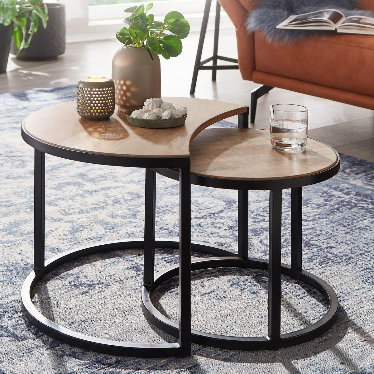 COUCHTISCH 2er Set Holz Metall Industrial Handgefertigt ESINO, Beige 60x41x41 cm - Beige/Schwarz, Holz/Metall (41/60/41cm) - KADIMA DESIGN