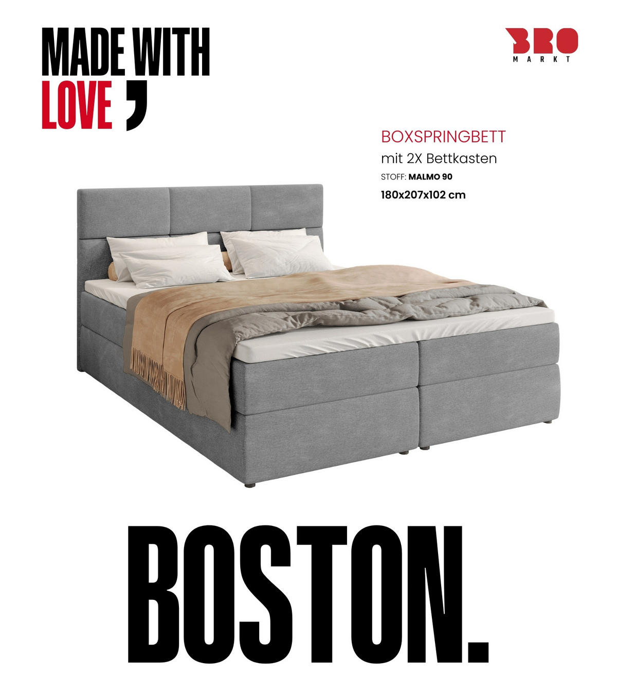 BOXBETT Boston mit Topper 180/200 Hellgrau - Hellgrau, Holzwerkstoff/Textil (180/200cm) - Bromarkt