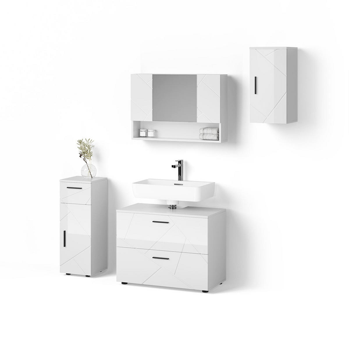 BADMÖBEL-SET Ronco Weiß Hochglanz 4 Teile - Weiß Hochglanz/Weiß, Holzwerkstoff (41/80/58cm) - Livinity®