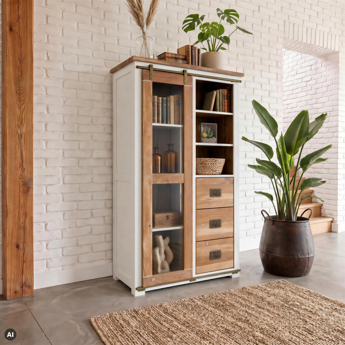 VITRINE Mango 100x45x175 weiß lackiert RAILWAY #526 - Weiß, Holz (100/175/45cm) - Massivmoebel24