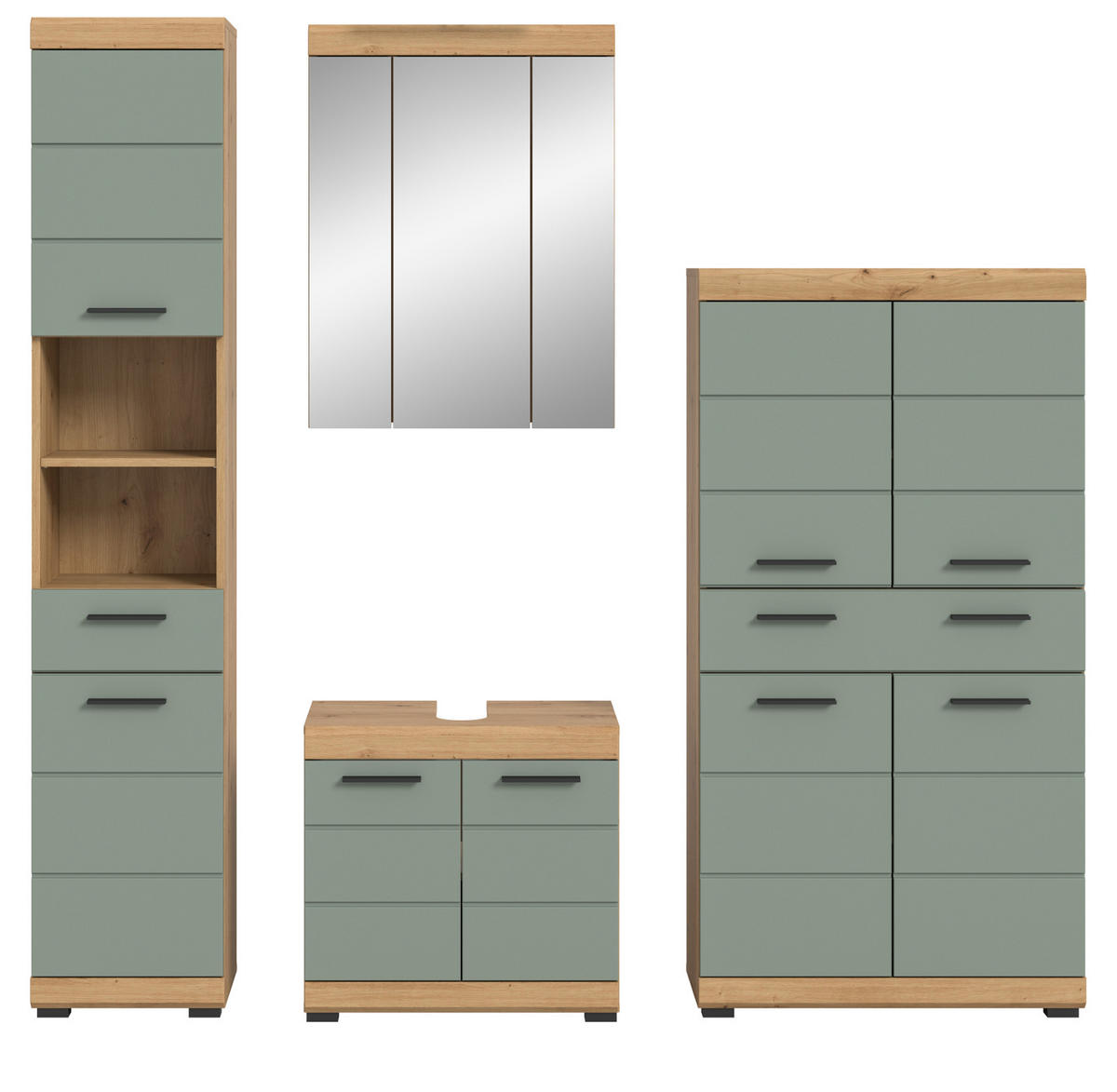 BADMÖBEL-SET Salbei grün, Eiche Artisan 4-teilig 200 cm, Komplettset mit viel Stauraum - Salbeigrün/Schwarz, Glas/Holzwerkstoff (186/191/34cm) - Inn.Furn