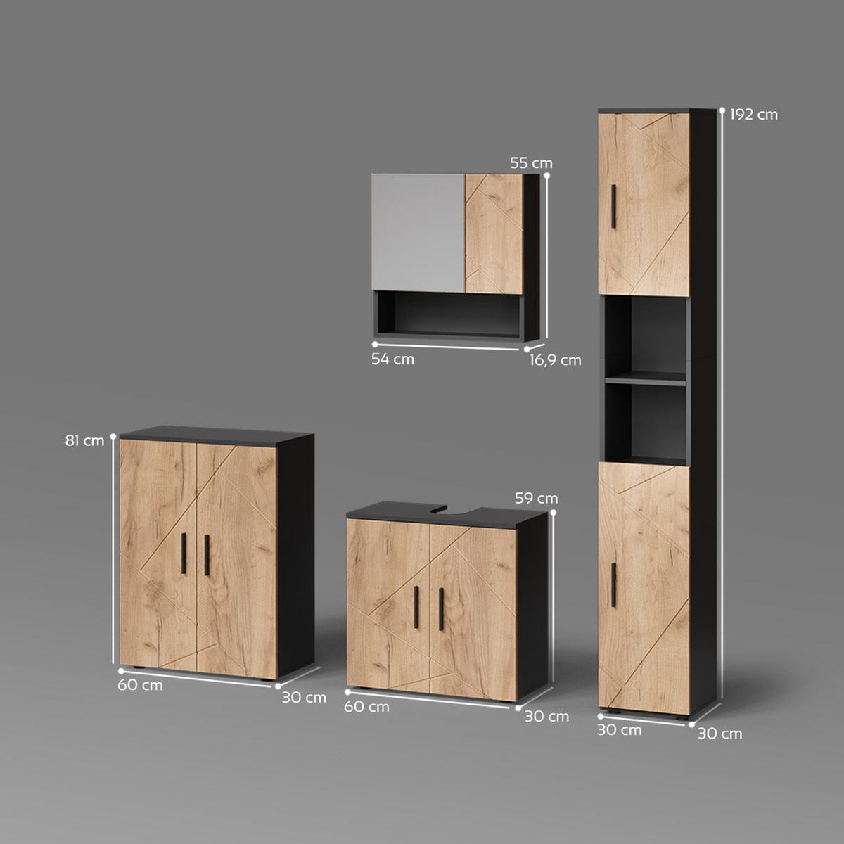 BADMÖBEL-SET Ronco Goldkraft Eiche/Anthrazit 4 Teile, mit Hochschrank und Kommode - Anthrazit/Eiche Wotan, Holzwerkstoff (60/192/30cm) - Livinity®
