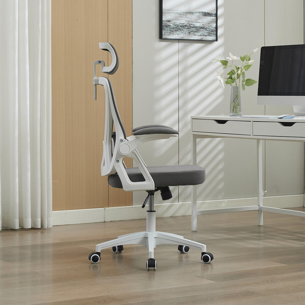 BÜROSTUHL höhenverstellbar mit Klapparmlehnen Grau - Grau, Kunststoff (65/108/58cm) - Meubliv