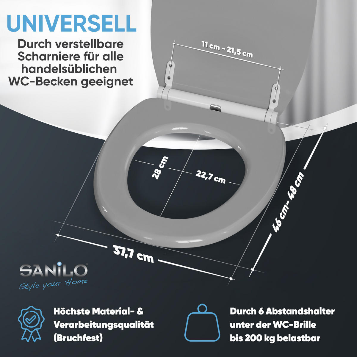 WC-SITZ mit Absenkautomatik & Top Fix Manhattan Grau - Grau, Holzwerkstoff (37.7/5.5/48cm) - Sanilo