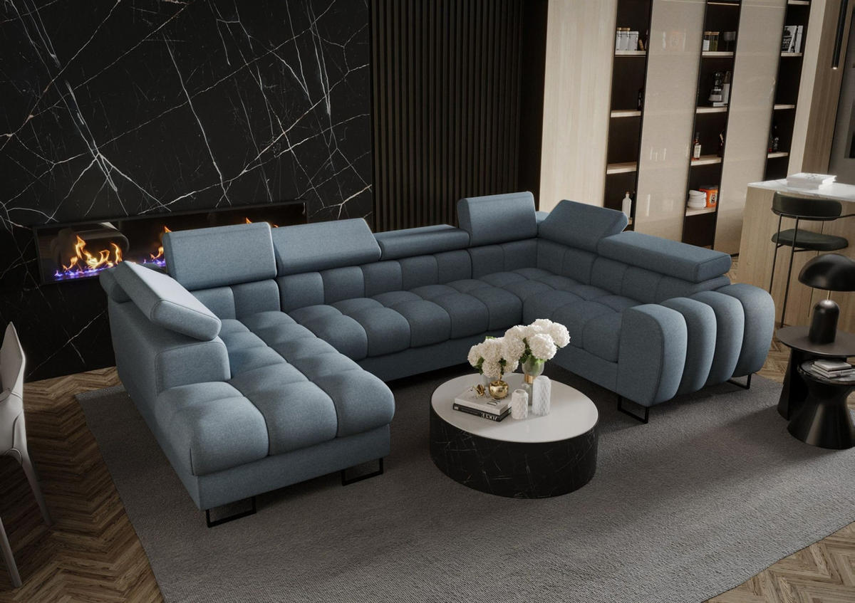 WOHNLANDSCHAFT Bastien - Hellblau, Holzwerkstoff/Textil (195/95/350cm) - Fun Möbel