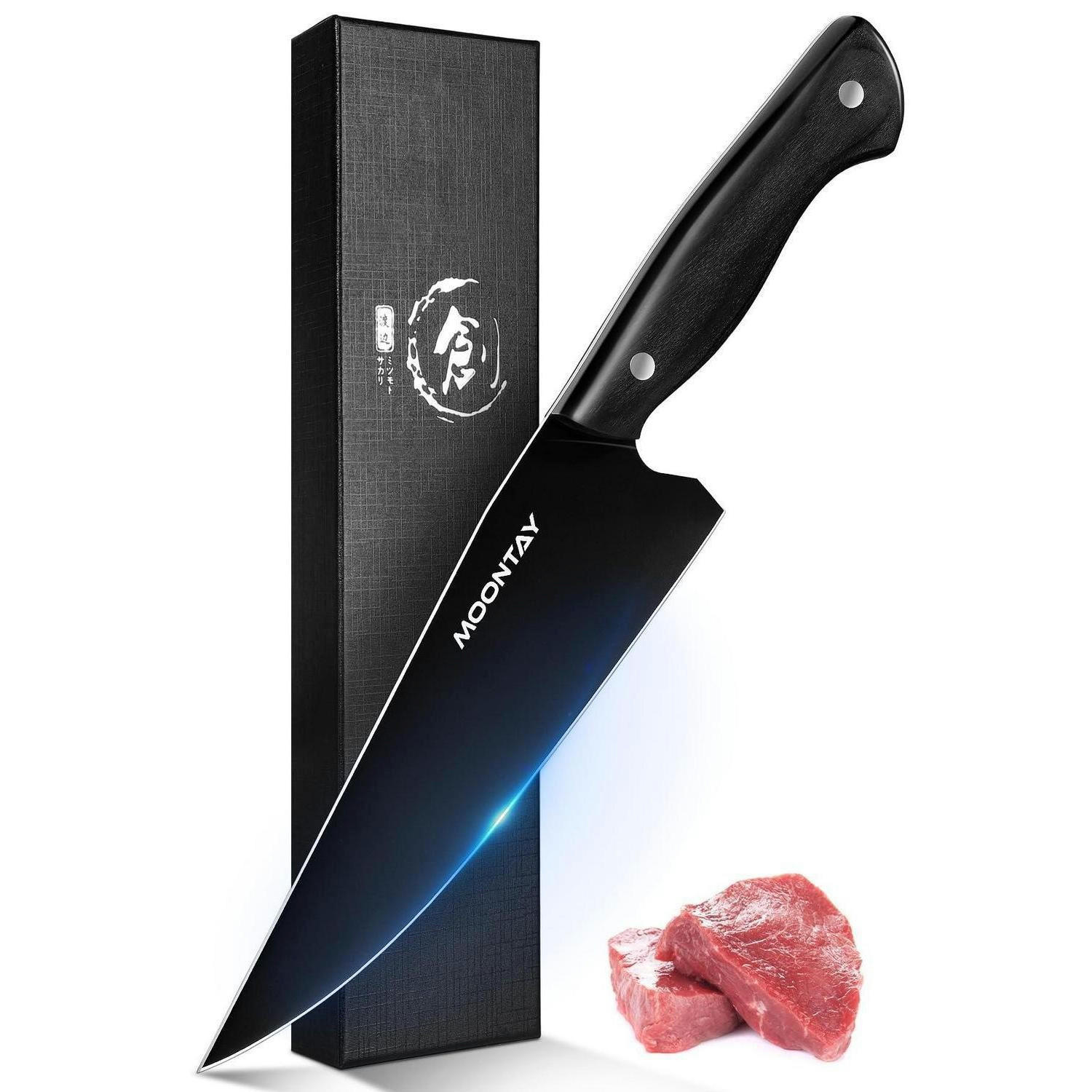 KOCHMESSER Edelstahl mit schwarzer Titanbeschichtung und Holzgriff - Schwarz, Metall (32cm)
