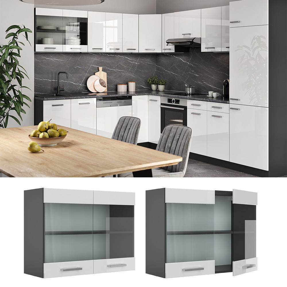 KÜCHENGLASSCHRANK R-Line Weiß Hochglanz 80 cm - Weiß Hochglanz/Anthrazit, Holzwerkstoff (80/60/31cm) - Vicco