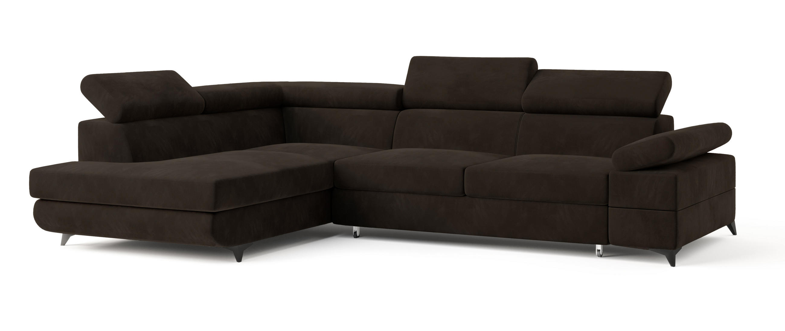 ECKSOFA FAVIEN L-S Braun Velours-Stoff mit Schlaffunktion - Braun, Holz (257/190cm) - MASSENO