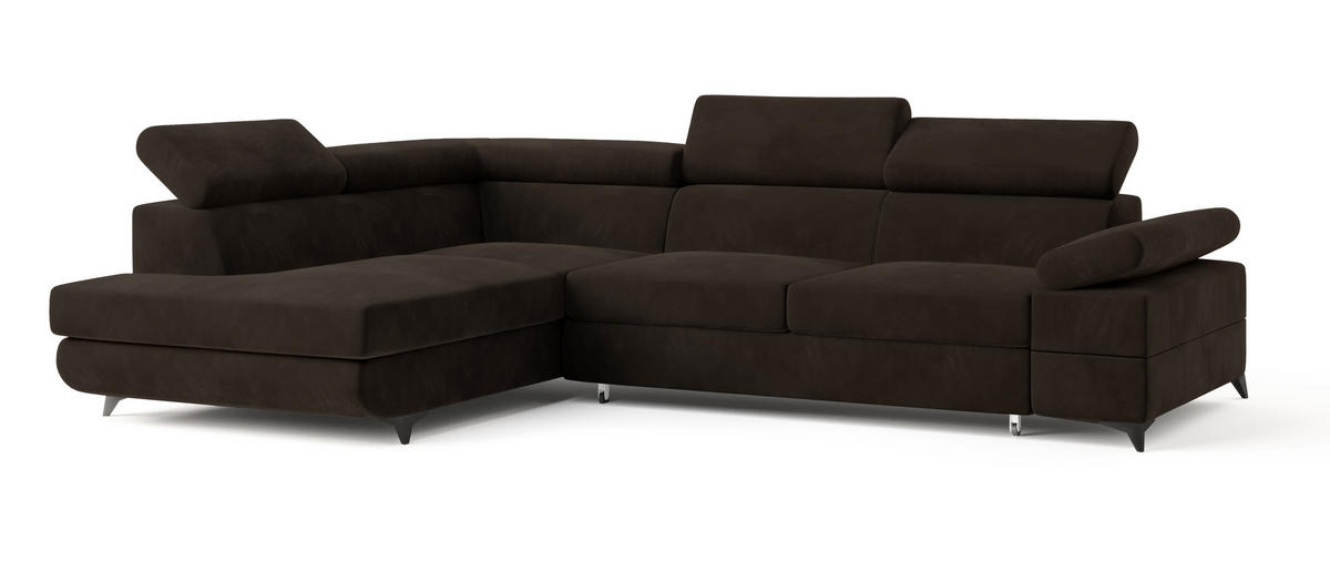 ECKSOFA FAVIEN L-S Braun Velours-Stoff mit Schlaffunktion - Braun, Holz (257/190cm) - MASSENO