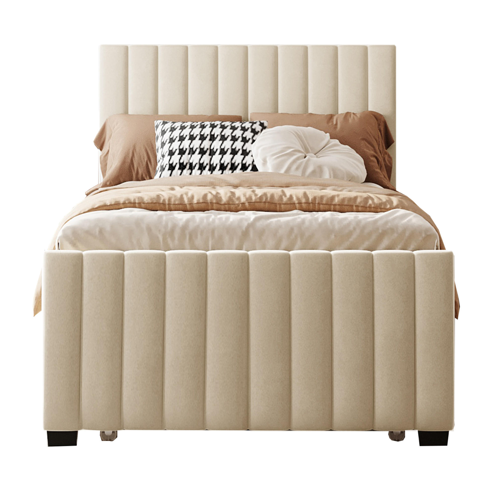 POLSTERBETT 90/190 cm mit Ausziehbett und Samtbezug, vertikal gestepptes Kopfteil, Beige - Beige, Textil (90/190cm) - Redom