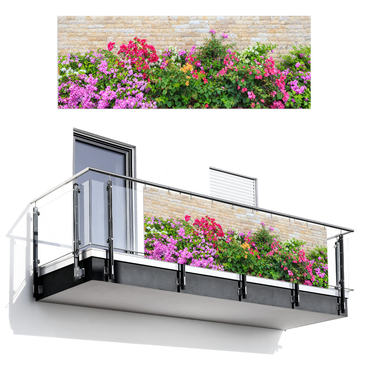 BALKON-SICHTSCHUTZ Blumen - Pflanzen - Blätter - Steine - Pink, Kunststoff (300/110cm) - MuchoWow