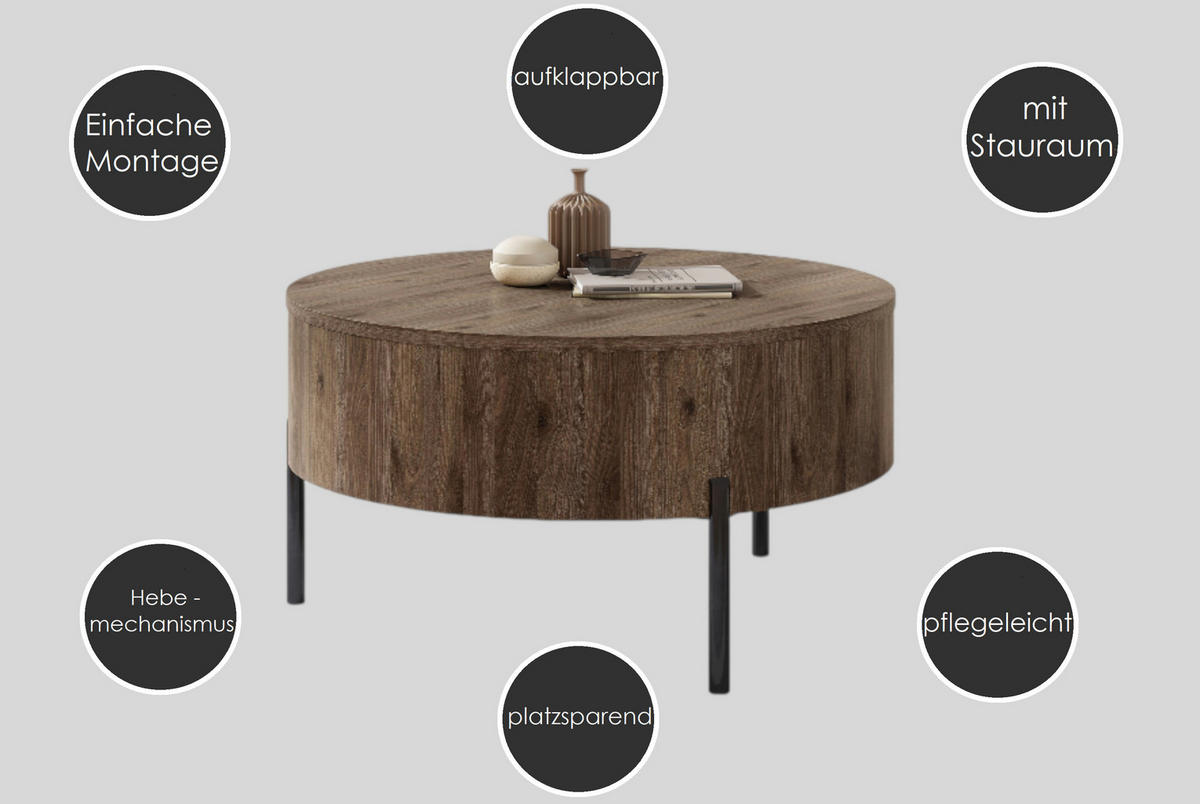 COUCHTISCH rund aufklappbar höhenverstellbar Stauraum 79/79/42 cm - Eichefarben, Holzwerkstoff (79.5/79.5/42.7cm) - designimpex