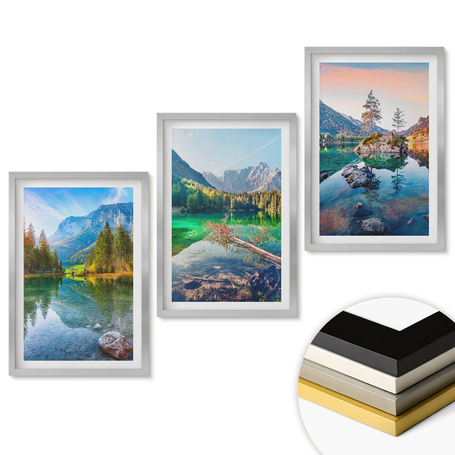 WANDBILDER 3er Set - 40x60 cm Silberner Rahmen - Naturlandschaft der Bergseen - Silberfarben, Kunststoff (40/60cm) - ArtPrintCave