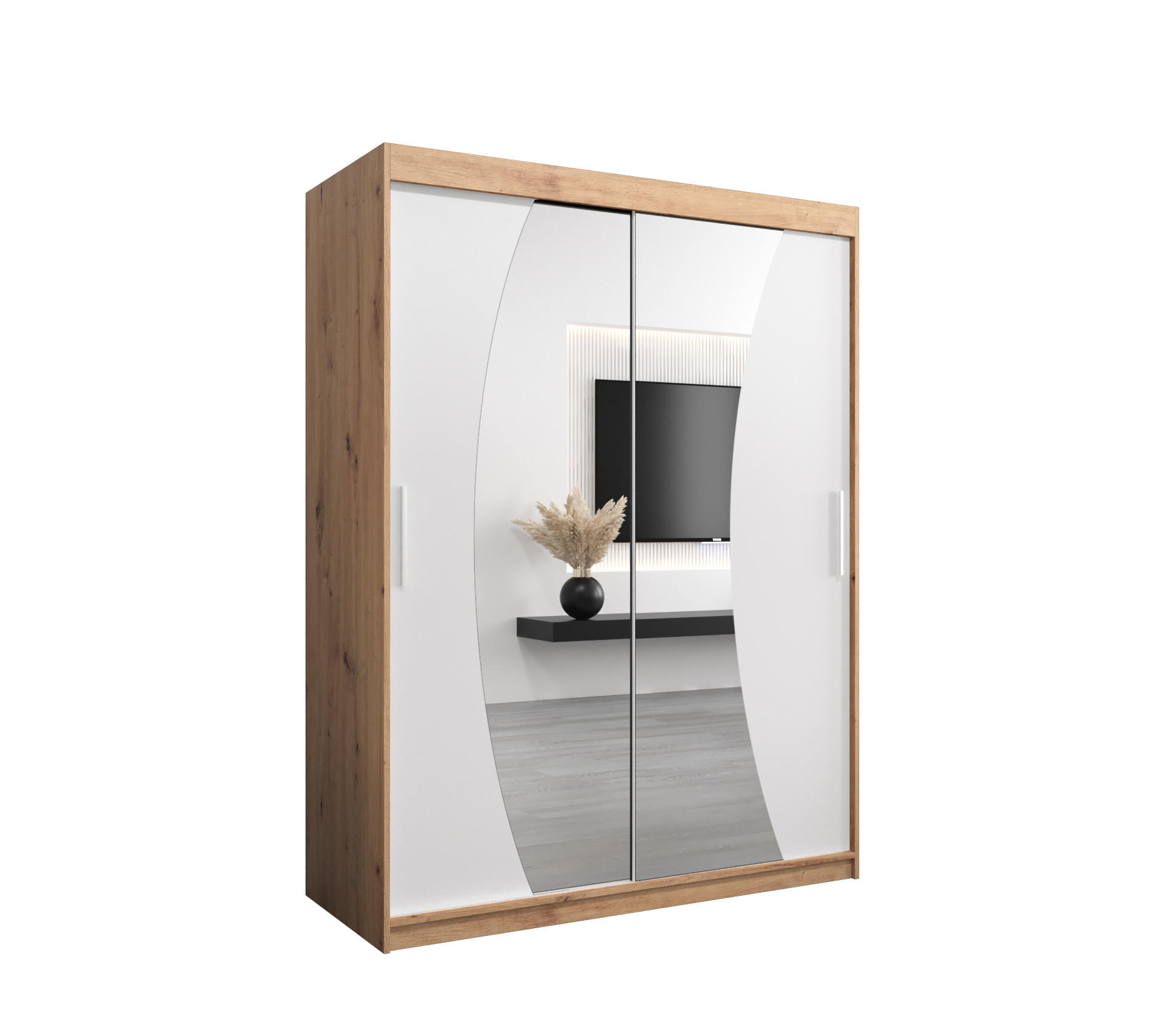 Abiks Möbel Schwebetürenschrank Eiche Artisan, Weiß 150x200x62 cm