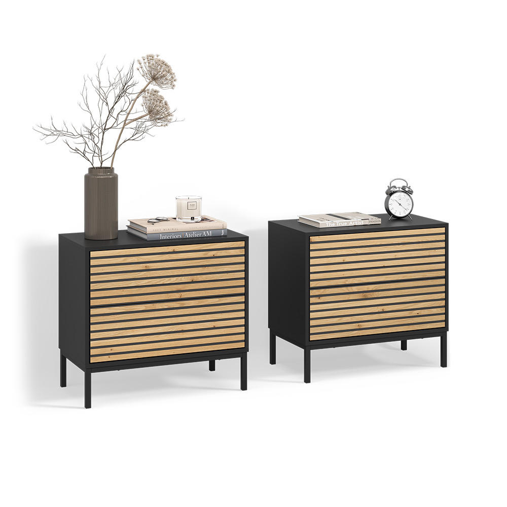 NACHTTISCH Aterno Goldkraft Eiche/Anthrazit 2er set - Honigeiche/Anthrazit, Holzwerkstoff (66/60/36cm) - Livinity®