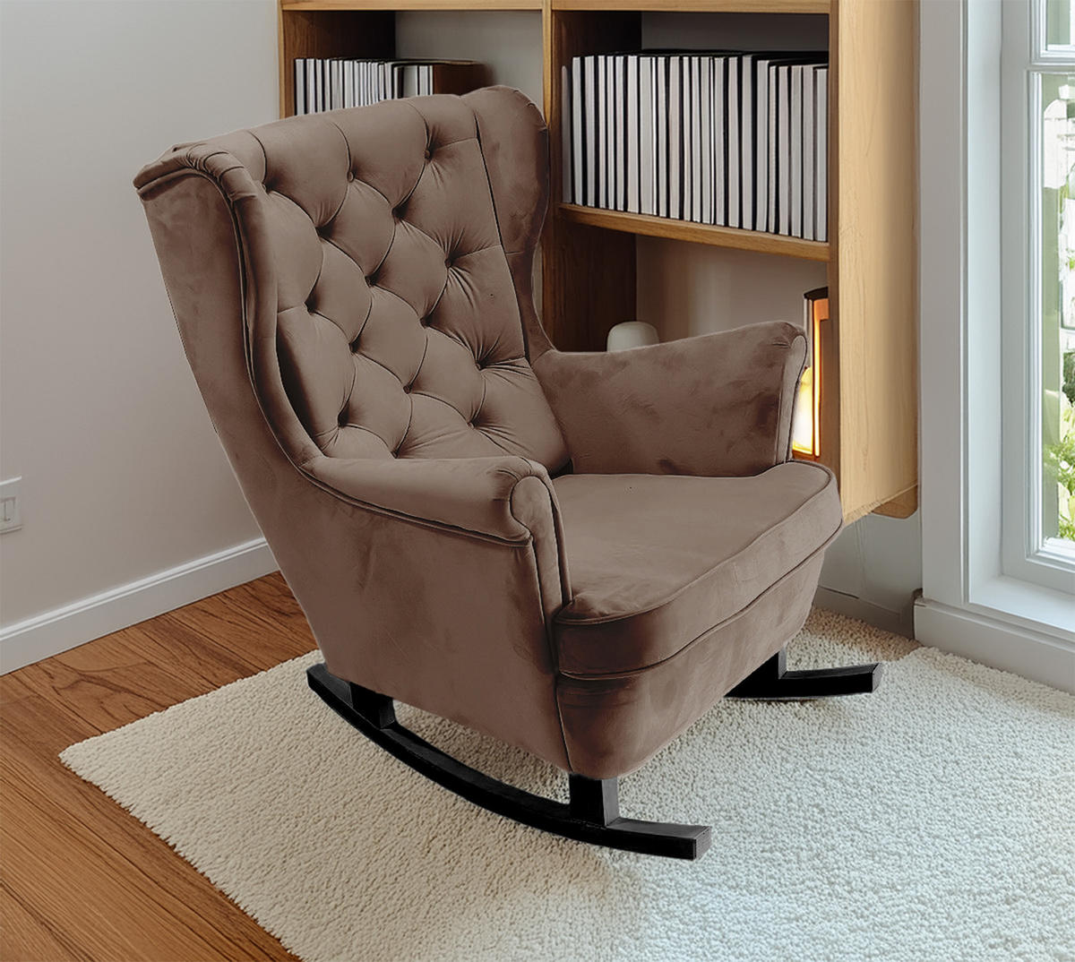 SCHAUKELSESSEL mit gepolstertem Sitz und Armlehnen, 102x81x95 cm, Braun_29814 - Schwarz/Braun, Holz/Textil (81/102/95cm) - DomoHome