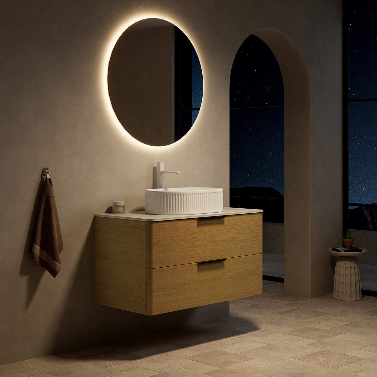 WASCHTISCHKOMBI 90x46x62.2cm Beige/Eiche/Weiß mit ovalem Keramikbecken & Travertin-Arbeitsplatte - Eichefarben, Keramik (90/62.2/46cm) - Modfu