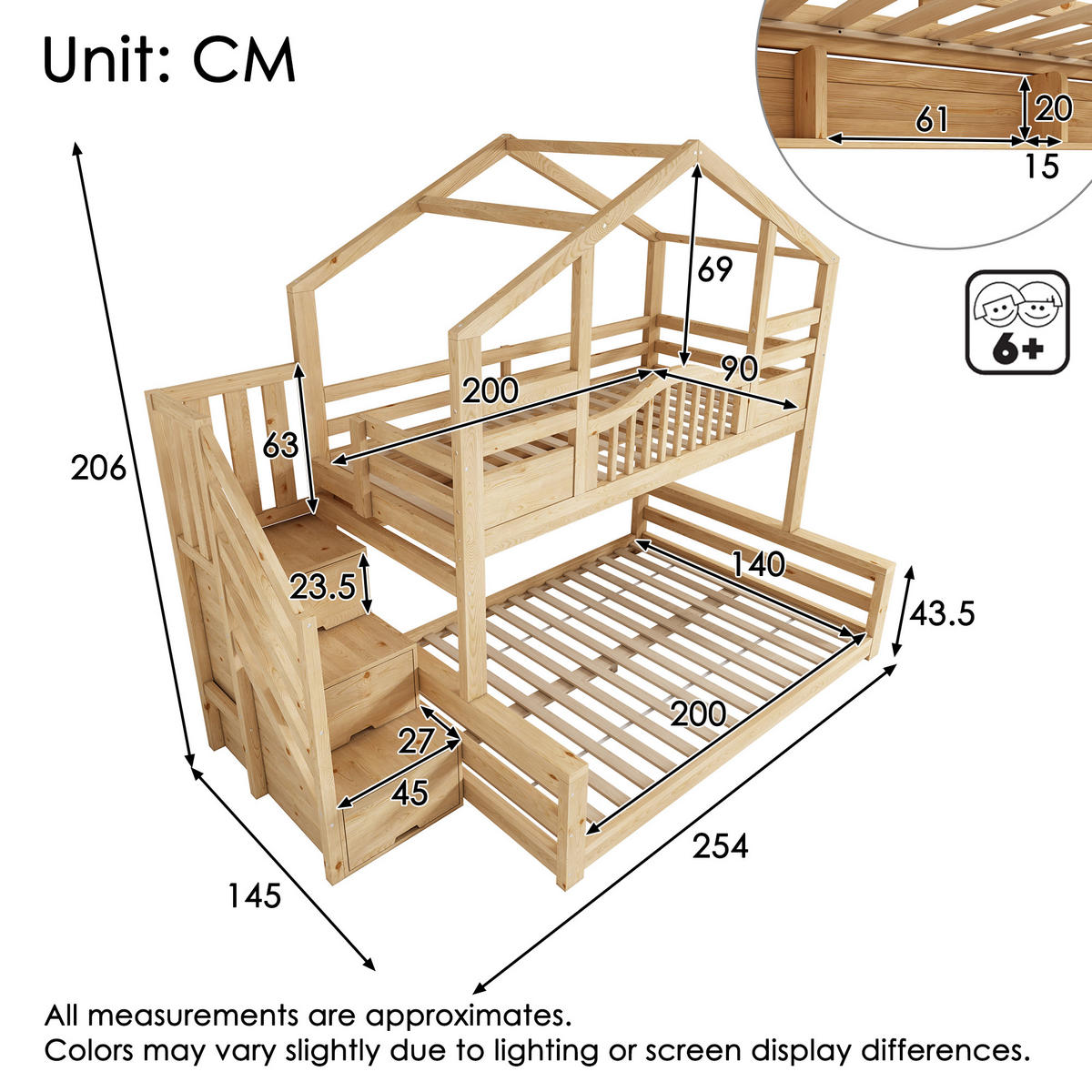 ETAGENBETT 90/200 cm & 140/200 cm in Beige & Natur mit Treppenschrank und Regalen - Eichefarben, Holz/Holzwerkstoff (90/200cm) - WISHDOR