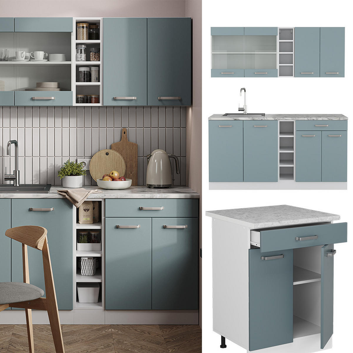 SINGLEKÜCHE R-Line Blau-Grau/Weiß 160 cm, AP Anthrazit - Blaugrau/Weiß, Holzwerkstoff (160/81.6/60cm) - Vicco