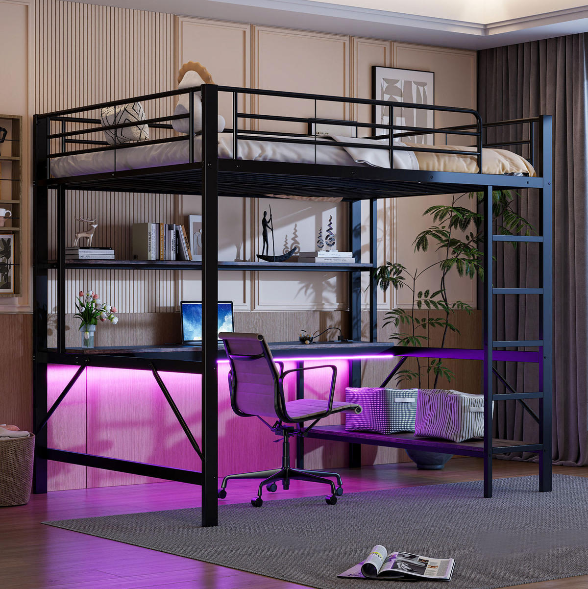HOCHBETT 140/200 cm Schwarz aus Metall mit Schreibtisch - Schwarz, Metall (140/200cm) - OKMYHOME