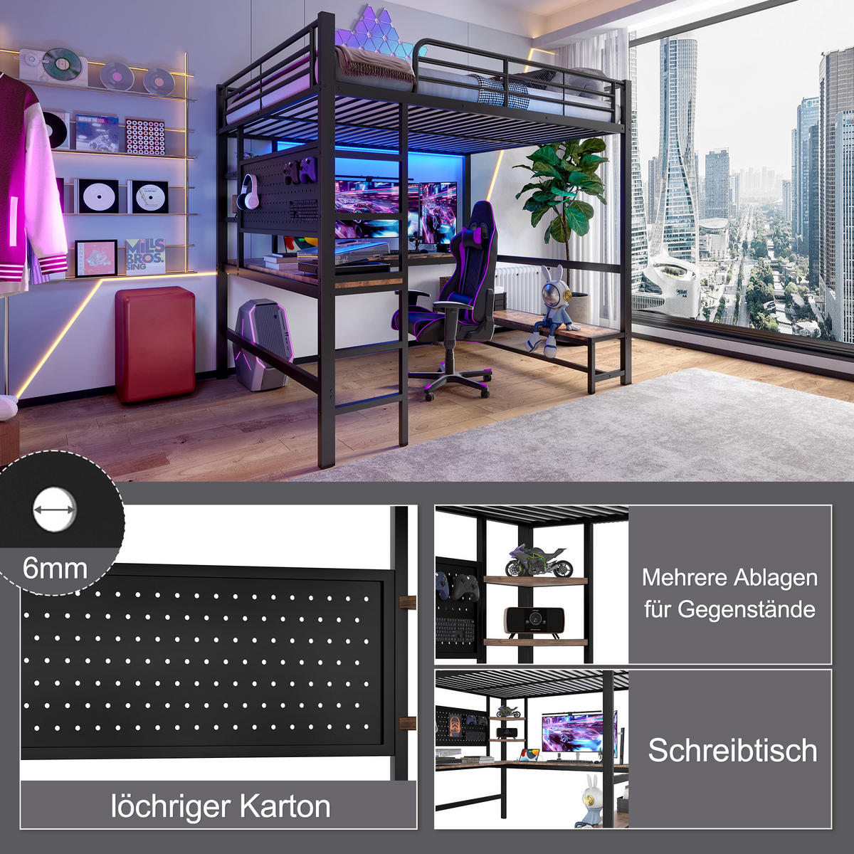 HOCHBETT 140x200cm Schwarz Metall Schreibtisch LED-Licht USB-C - Schwarz, Metall (140/200cm) - FLIEKS