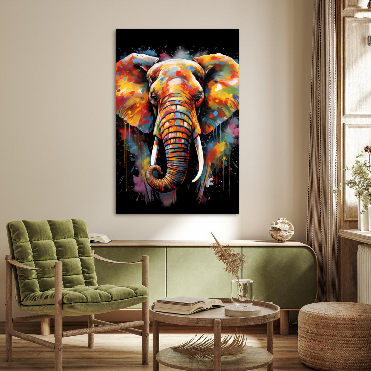 POSTER Elefant - Graffiti - Schwarz - Tiere - Farben 80x120 cm - Schwarz, Papier (80/120/0.1cm) - MuchoWow