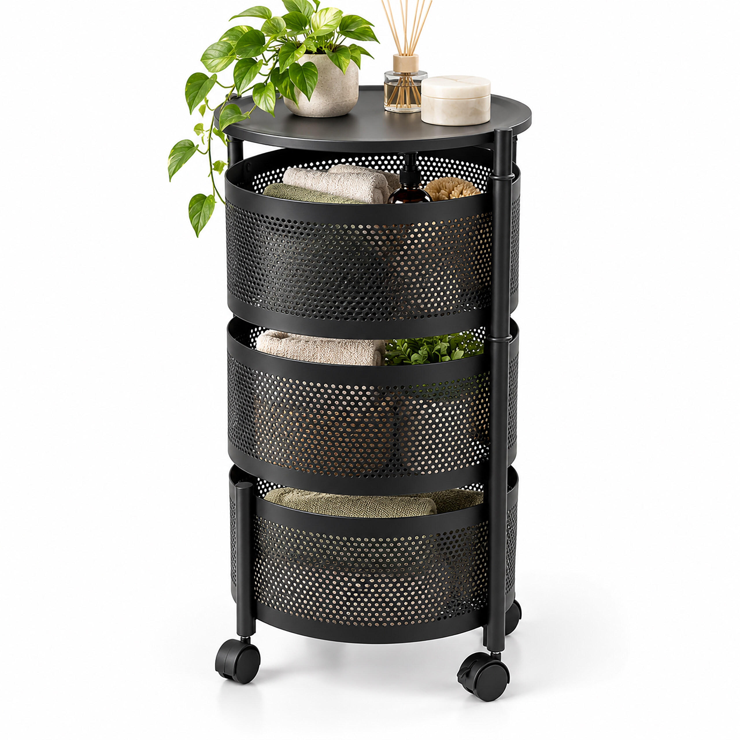 ROLLWAGEN Schwarz 3 Ablagen - Schwarz, Kunststoff/Metall (32/60/32cm) - Relaxdays