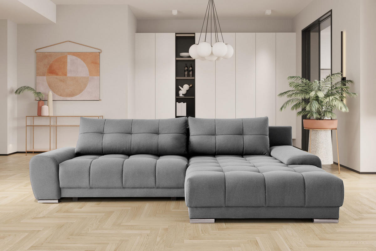 ECKSOFA WAVE Mit Schlaffunktion, Stoff SORO, Grau Rechts - Grau, Holz (281/105cm) - Kaiser Möbel
