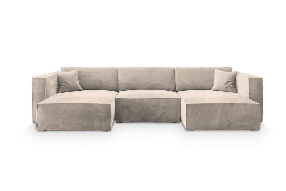 WOHNLANDSCHAFT SARMO M Creme Velours-Stoff mit Schlaffunktion - Creme, Holz (347/70/148cm) - MASSENO